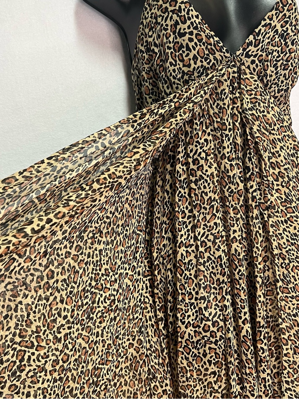 Torn By Ronny Kobo 100% Silk Leopard Print Maxi Dress Handkerchief Hem Flowy Y2K